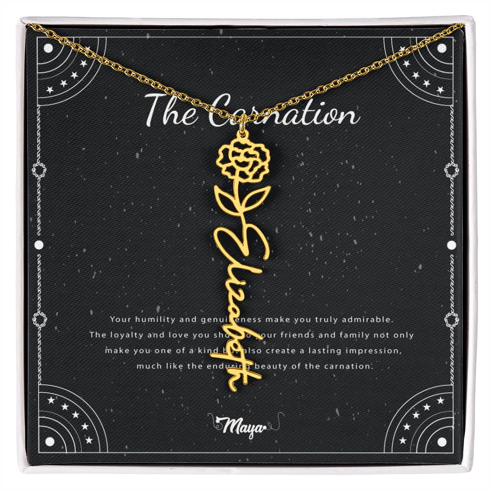 Carnation Flower With Cursive Name Pendant Necklace - For January-born