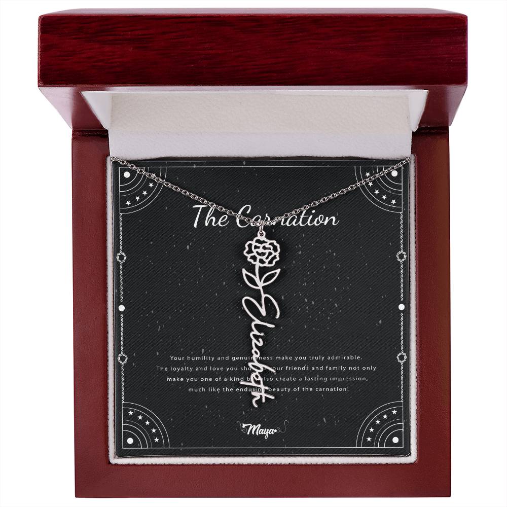 Carnation Flower With Cursive Name Pendant Necklace - For January-born