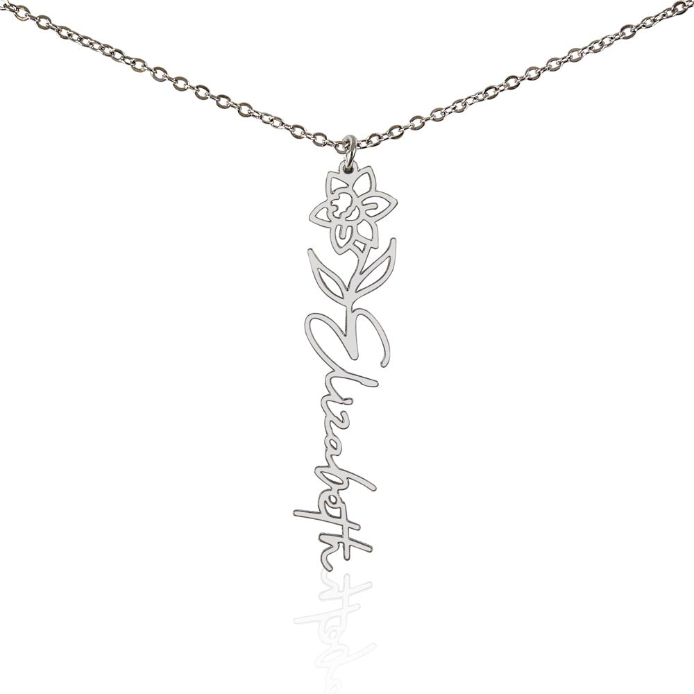 Daffodil Flower With Cursive Name Pendant Necklace - For March-born