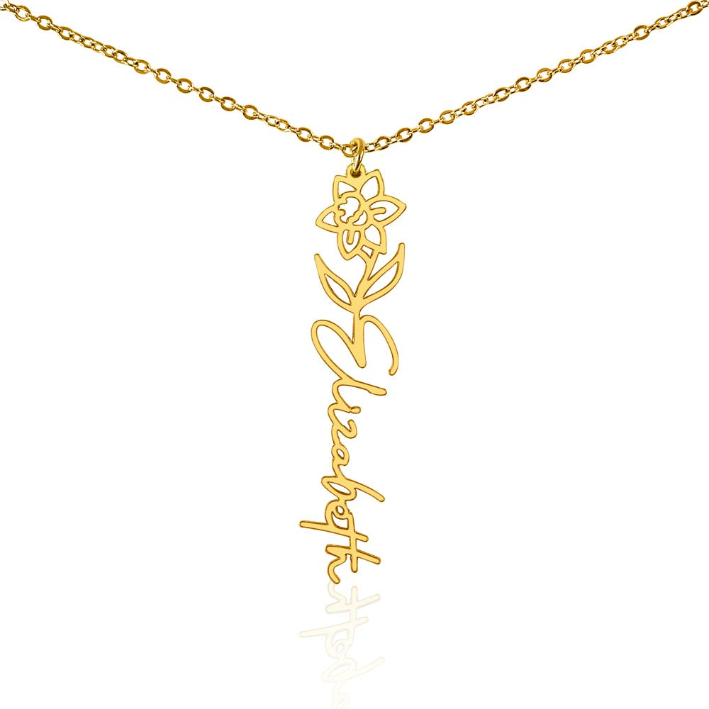 Daffodil Flower With Cursive Name Pendant Necklace - For March-born