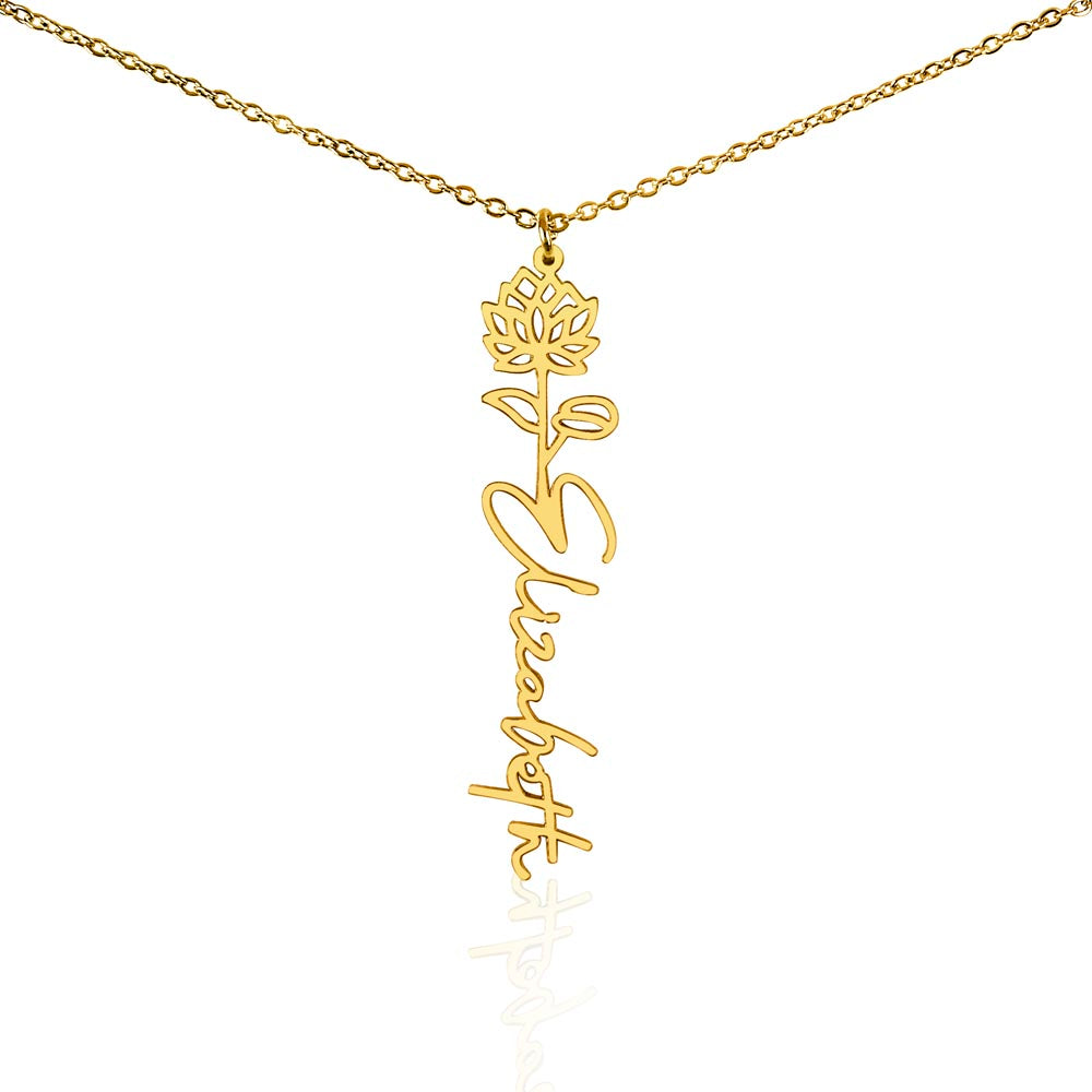 Water Lily Flower With Cursive Name Pendant Necklace - For July-born