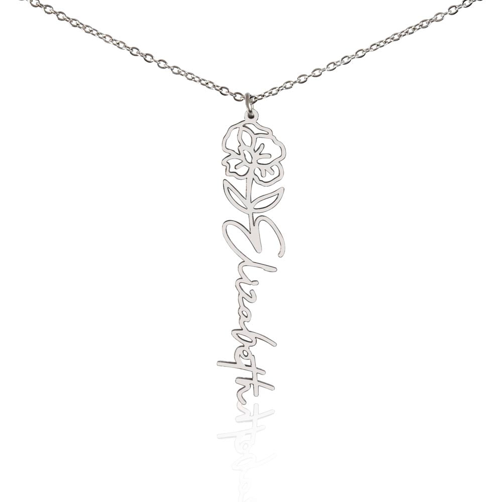 Poppy Flower With Cursive Name Pendant Necklace - For August-born