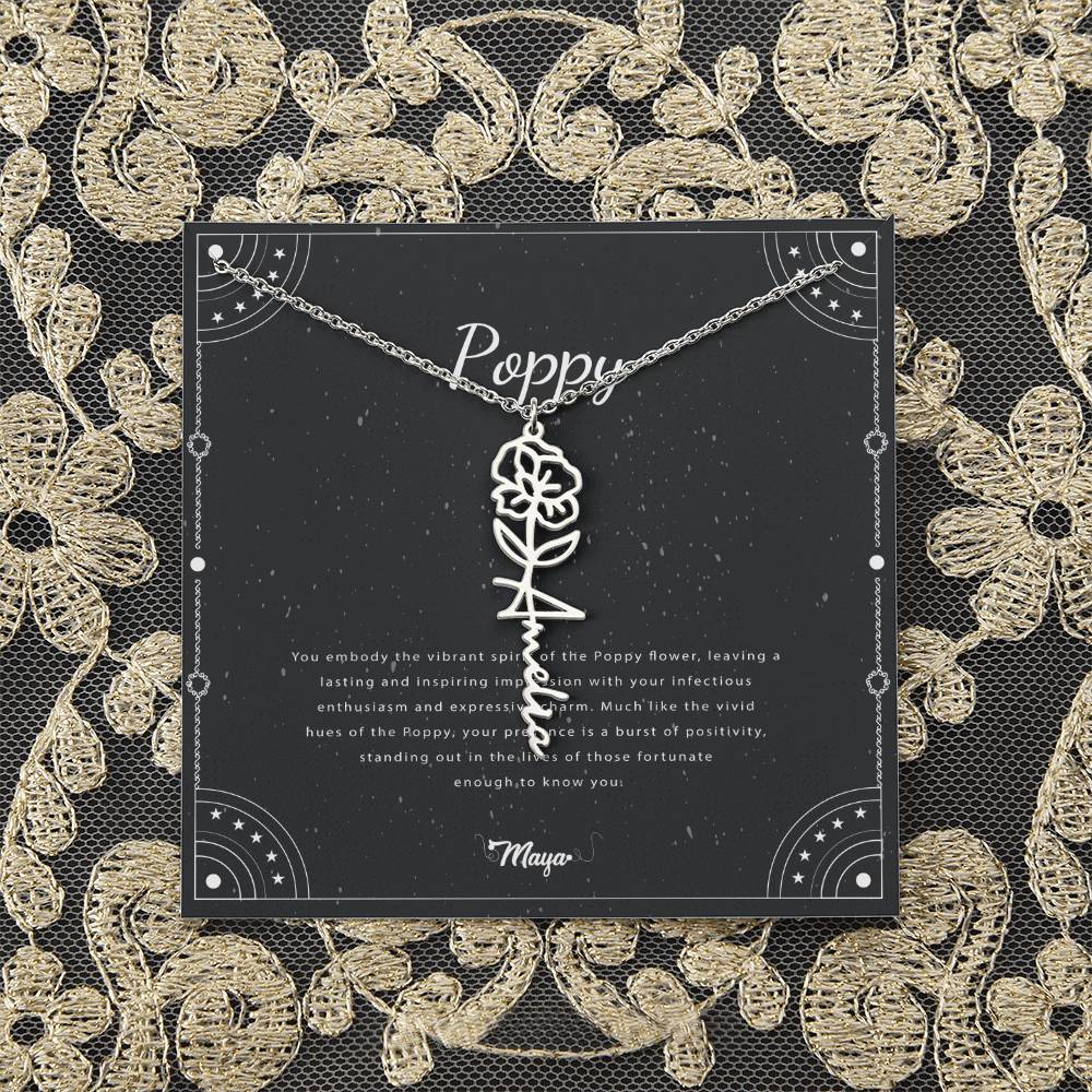 Poppy Flower With Cursive Name Pendant Necklace - For August-born