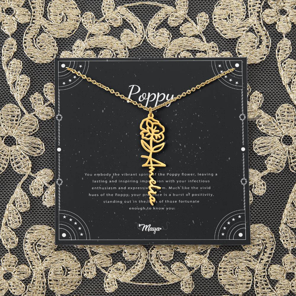 Poppy Flower With Cursive Name Pendant Necklace - For August-born